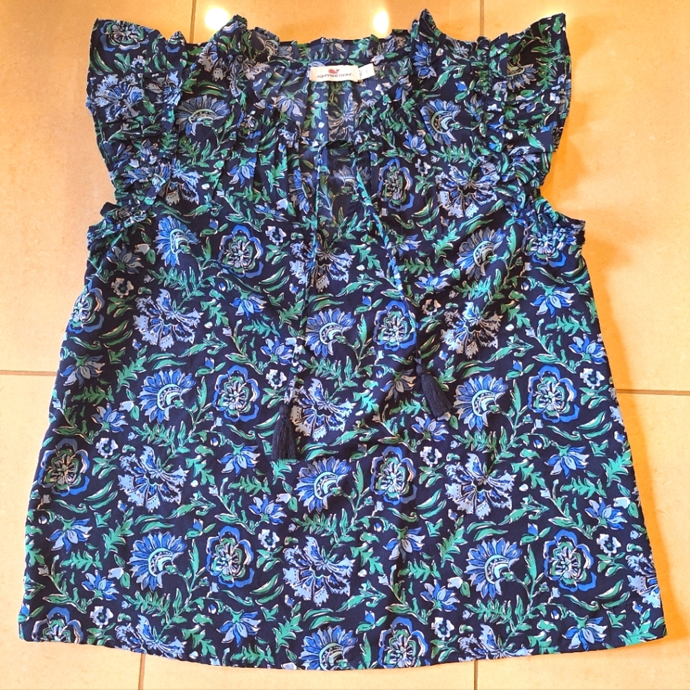 Vineyard Vines Floral Ruffle Sleeve Top - Black, Blue, Green - Picture 3 of 10